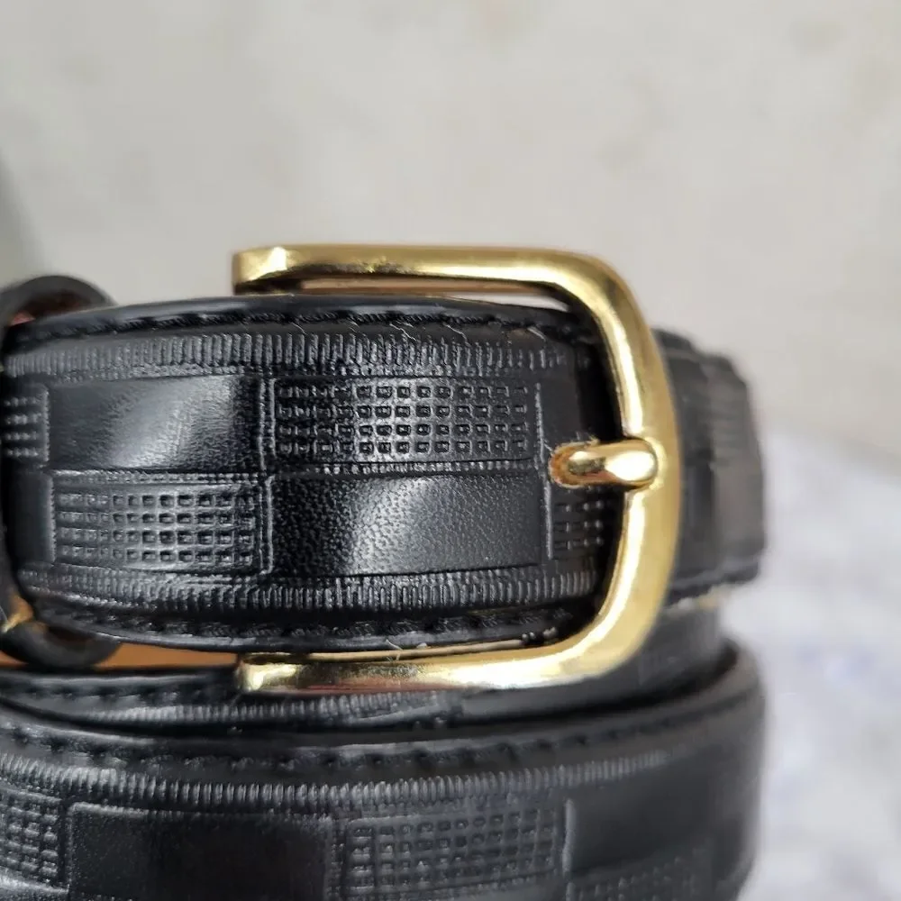 Men's Genuine Leather Black Checker Pattern Belt Brass Buckle Size 40
